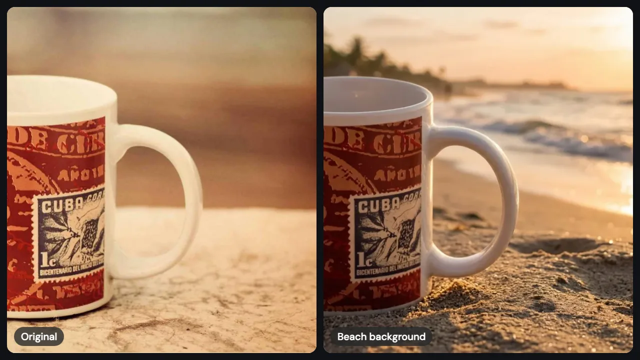 A mug on a wooden table, then the same mug on a sunny beach at golden hour