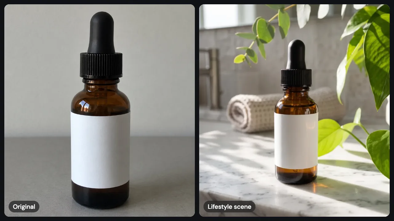 A dropper bottle on a plain table, then on a sunlit marble bathroom counter