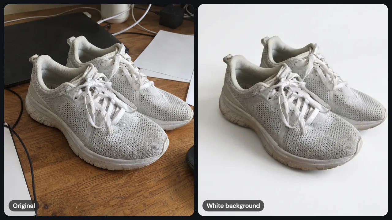 Sneakers on a messy desk, then the same sneakers on a white studio background