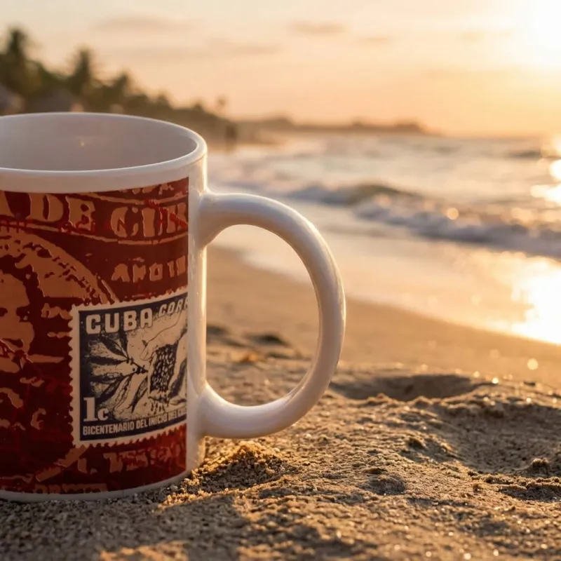 A mug moved from a wooden table onto a sunny beach at golden hour