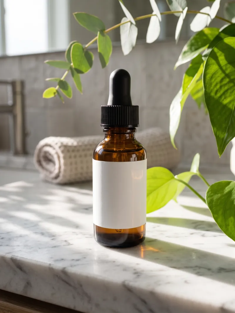 A dropper bottle moved from a plain table onto a sunlit marble bathroom counter